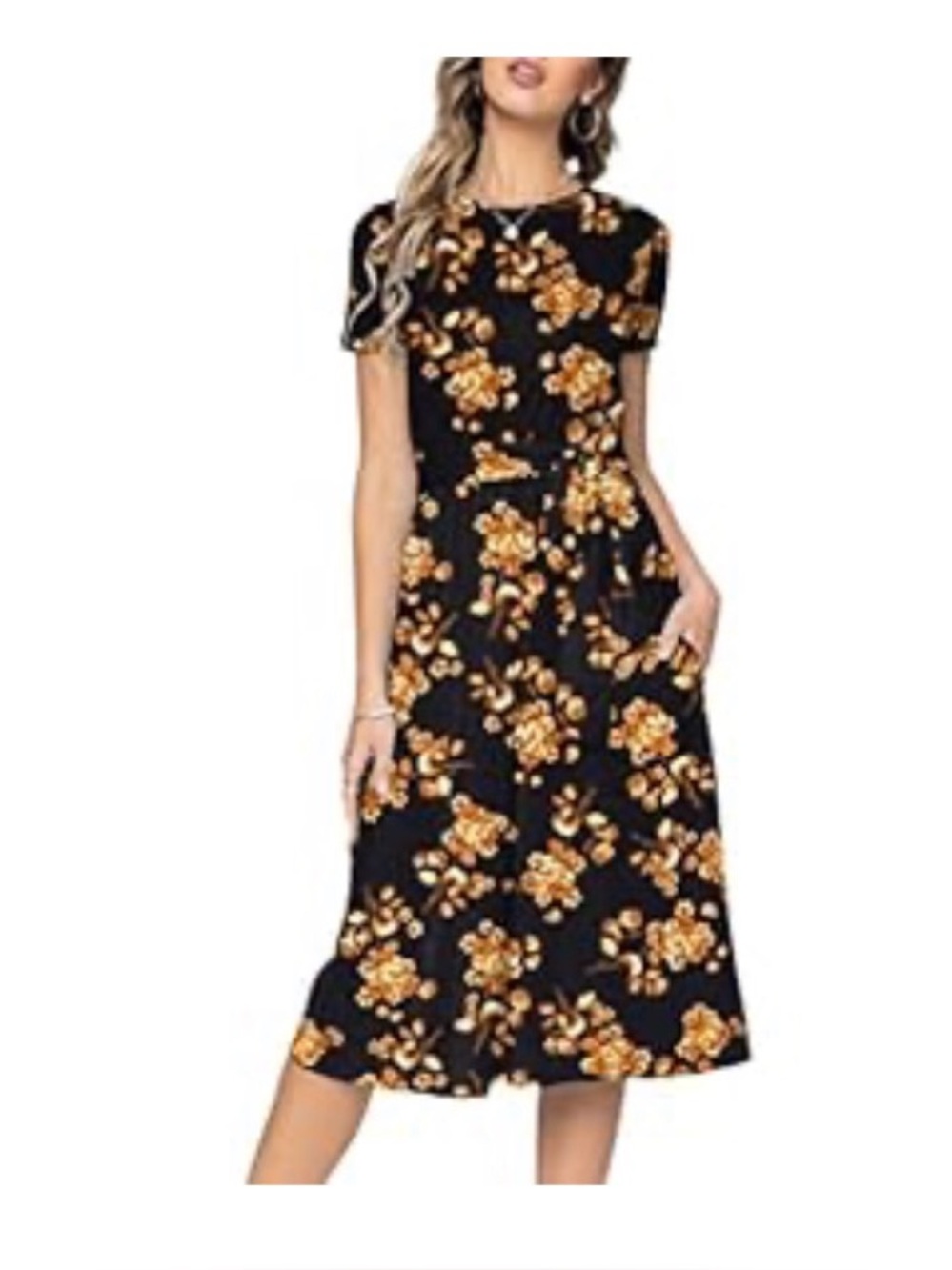 Floral Short Sleeve Midi Dress in Black and Golden Rod w/ pockets!